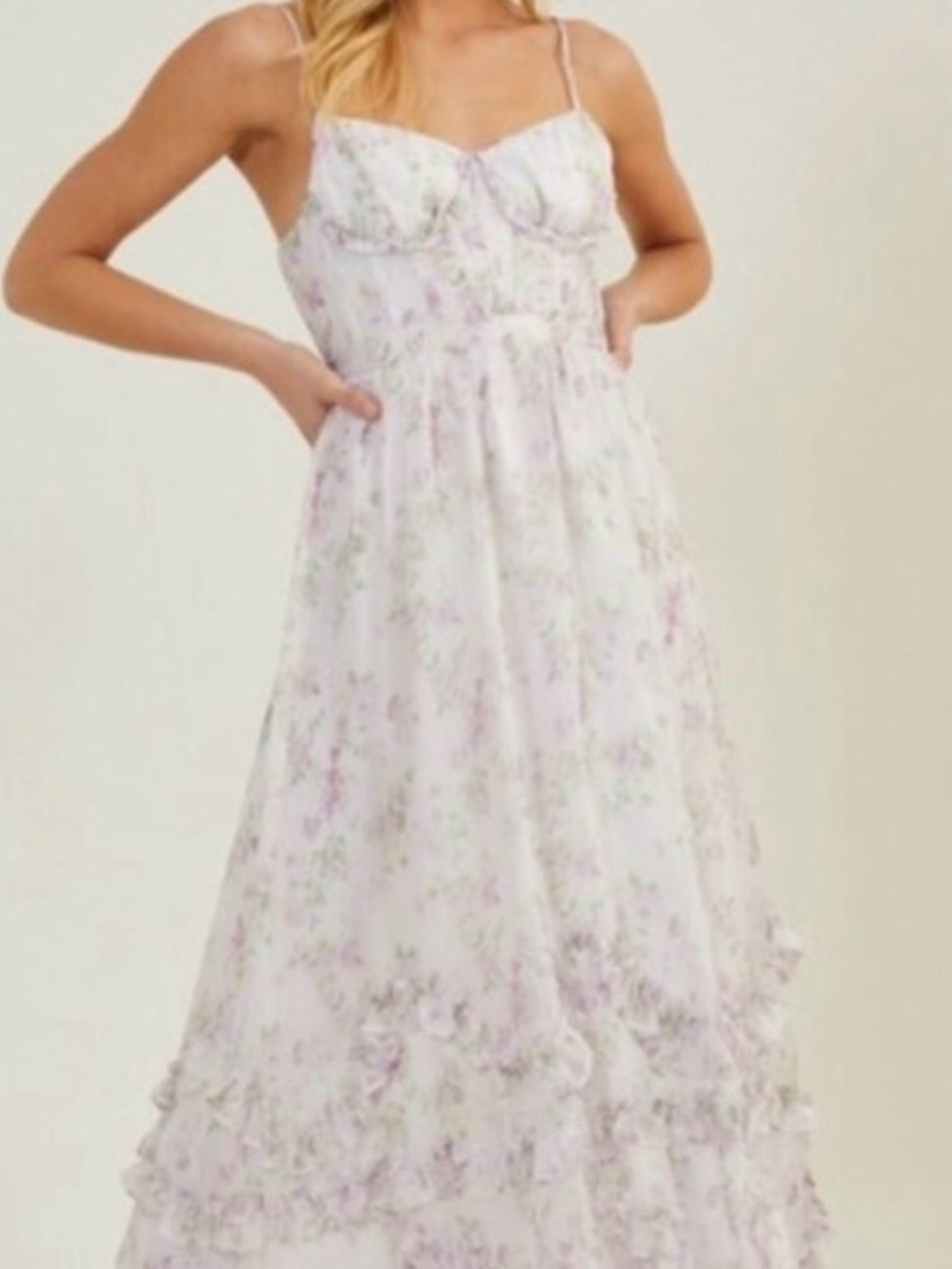Altar'd State Lavender Floral Maxi Dress with White Base